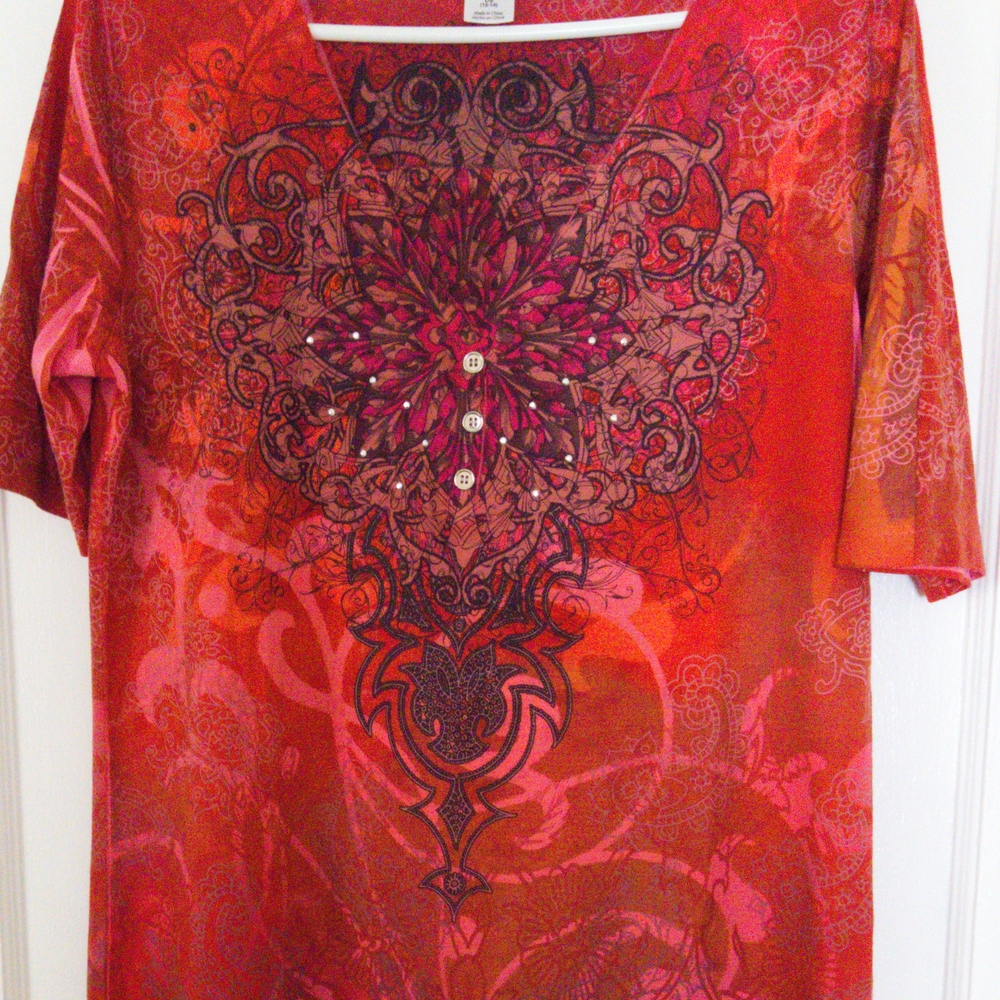 Fiery Red Graphic Tunic with Embellished Details